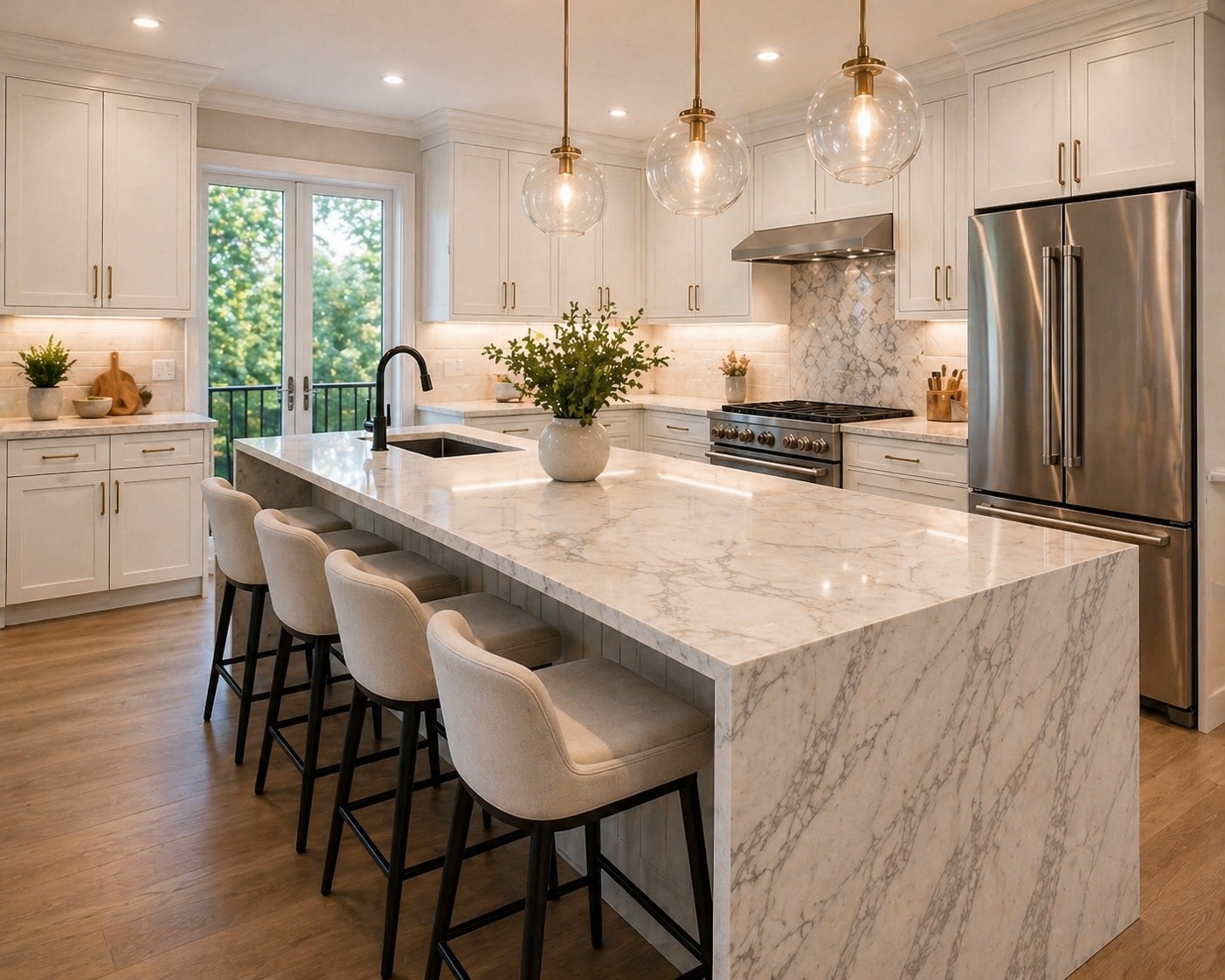 Luxury kitchen with white marble waterfall island, globe pendant lights, and white cabinets